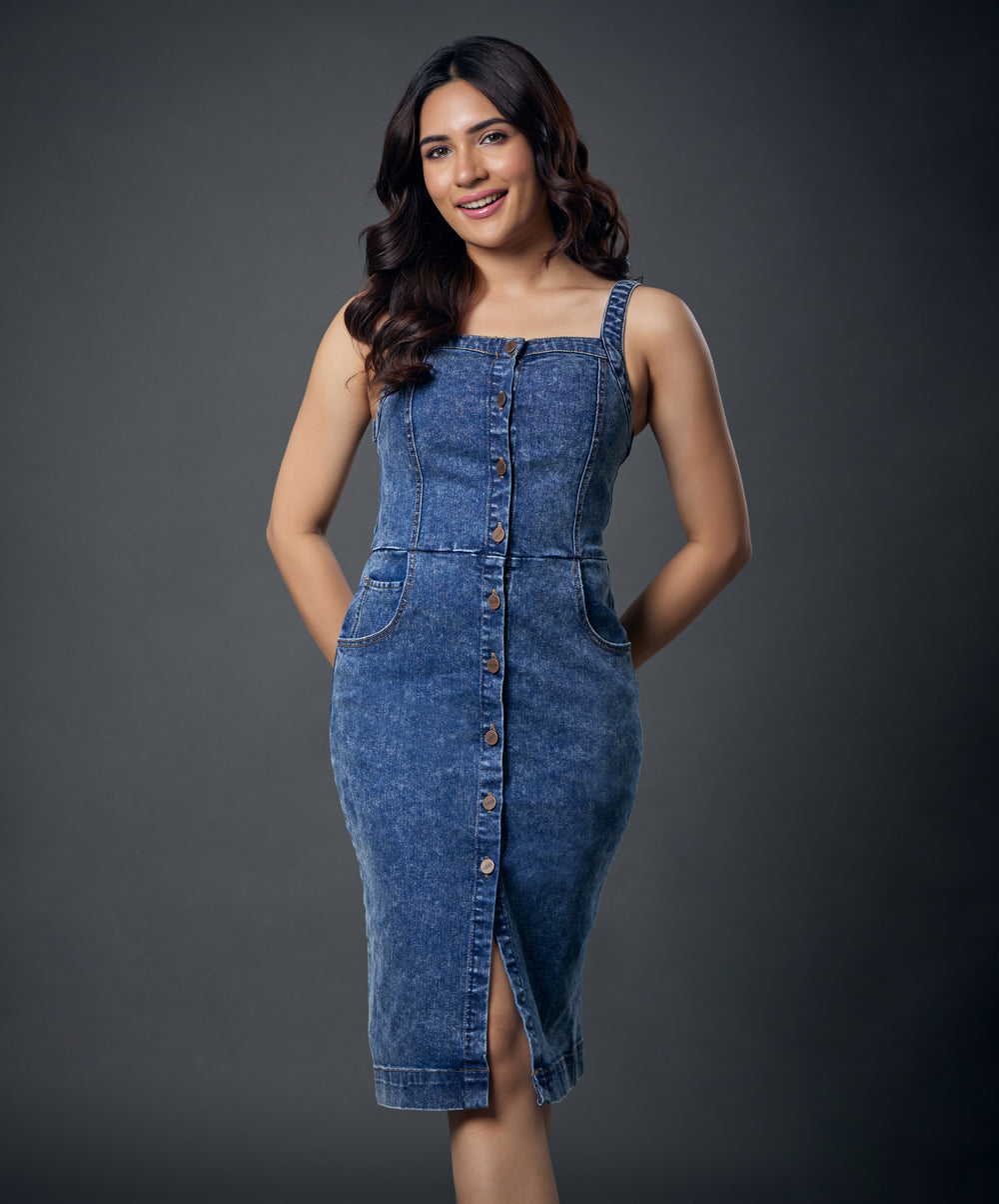 Front Buttoned Pinafore Denim Dress