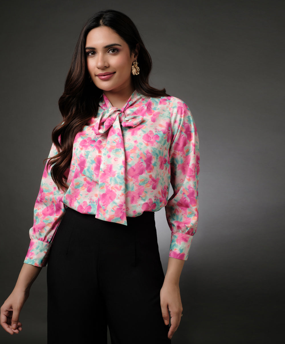 Satin Printed Floral Tie Neck Shirt