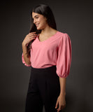 Vneck Balloon Half Sleeve Pink Top