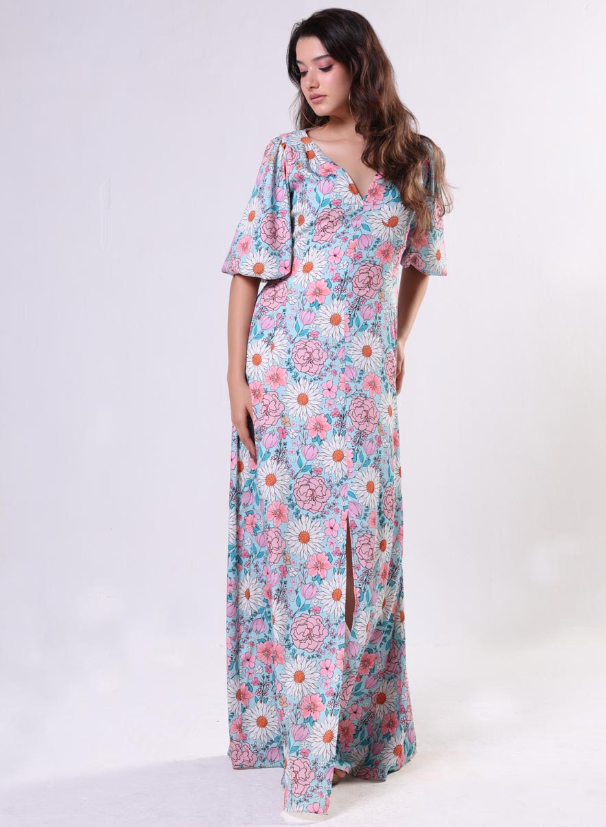 Curved V Neck Paneled Satin Printed Dress