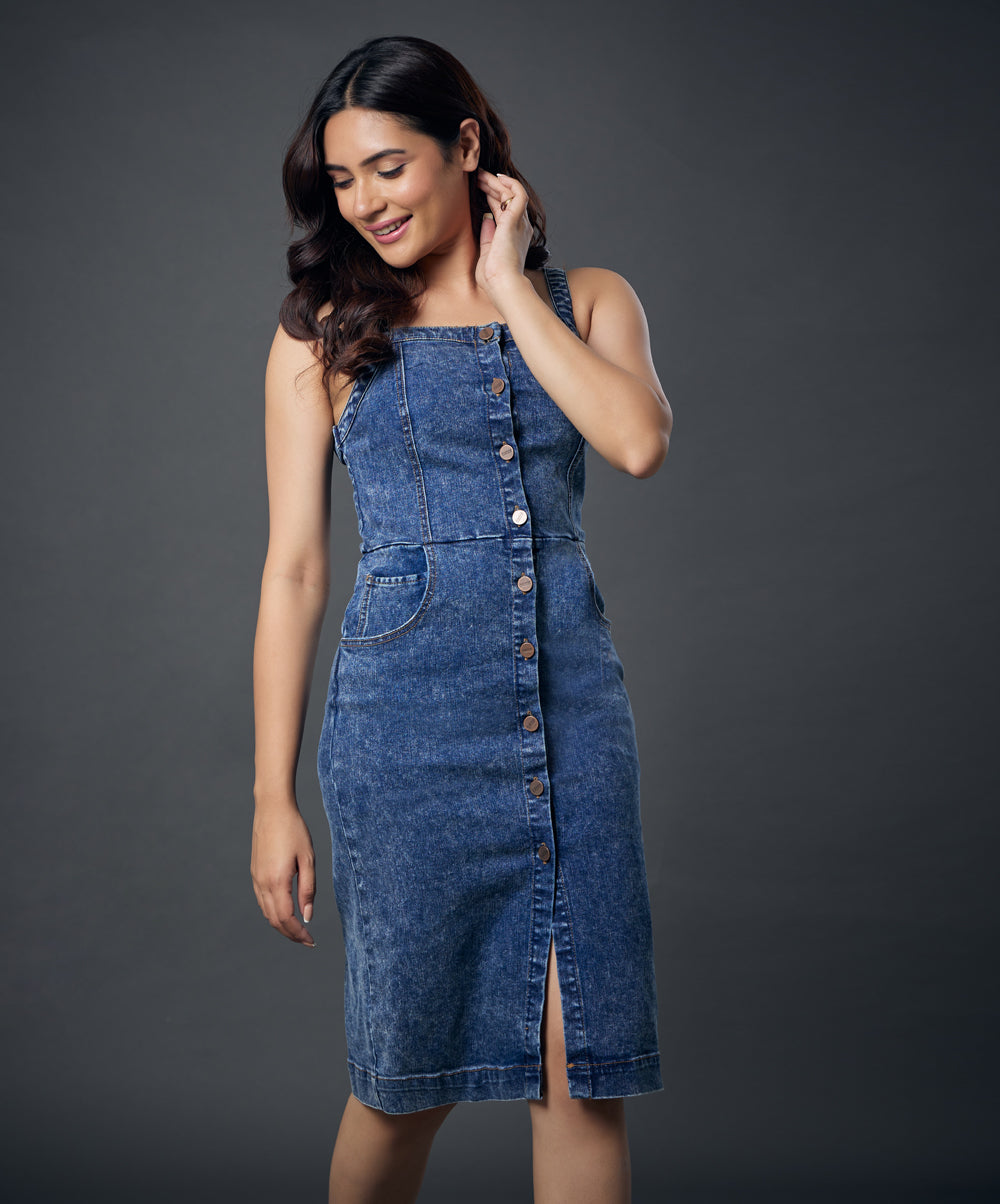 Front Buttoned Pinafore Denim Dress