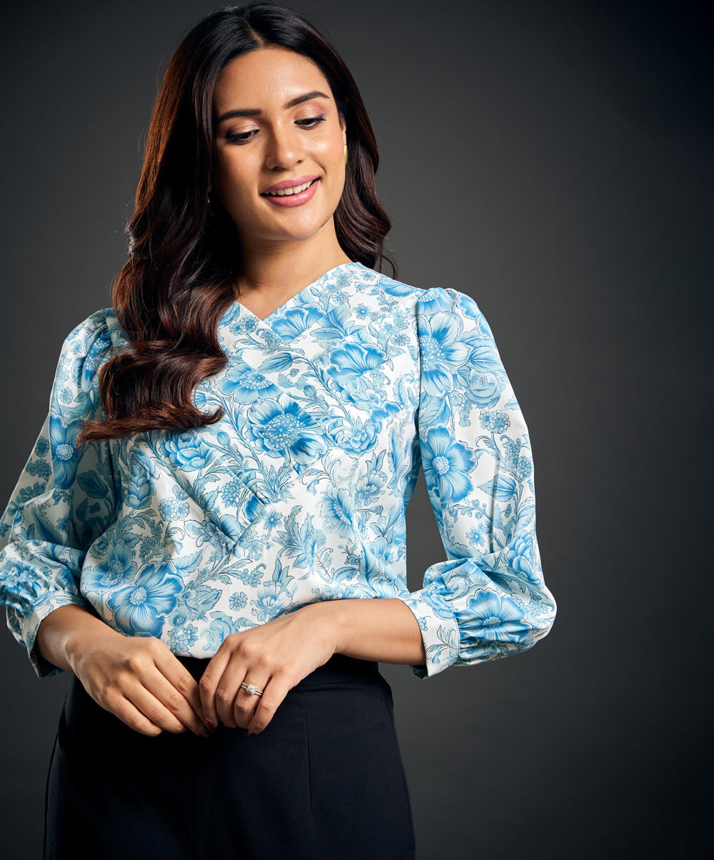 Side Pleated Printed Chiffon Blue Top