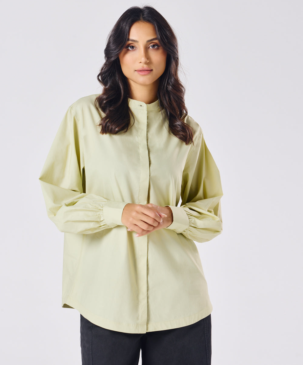 Mandarin  Collar Cotton Oversized Shirt- Cream Green