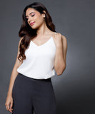 Sleeveless Vneck Satin Top-White