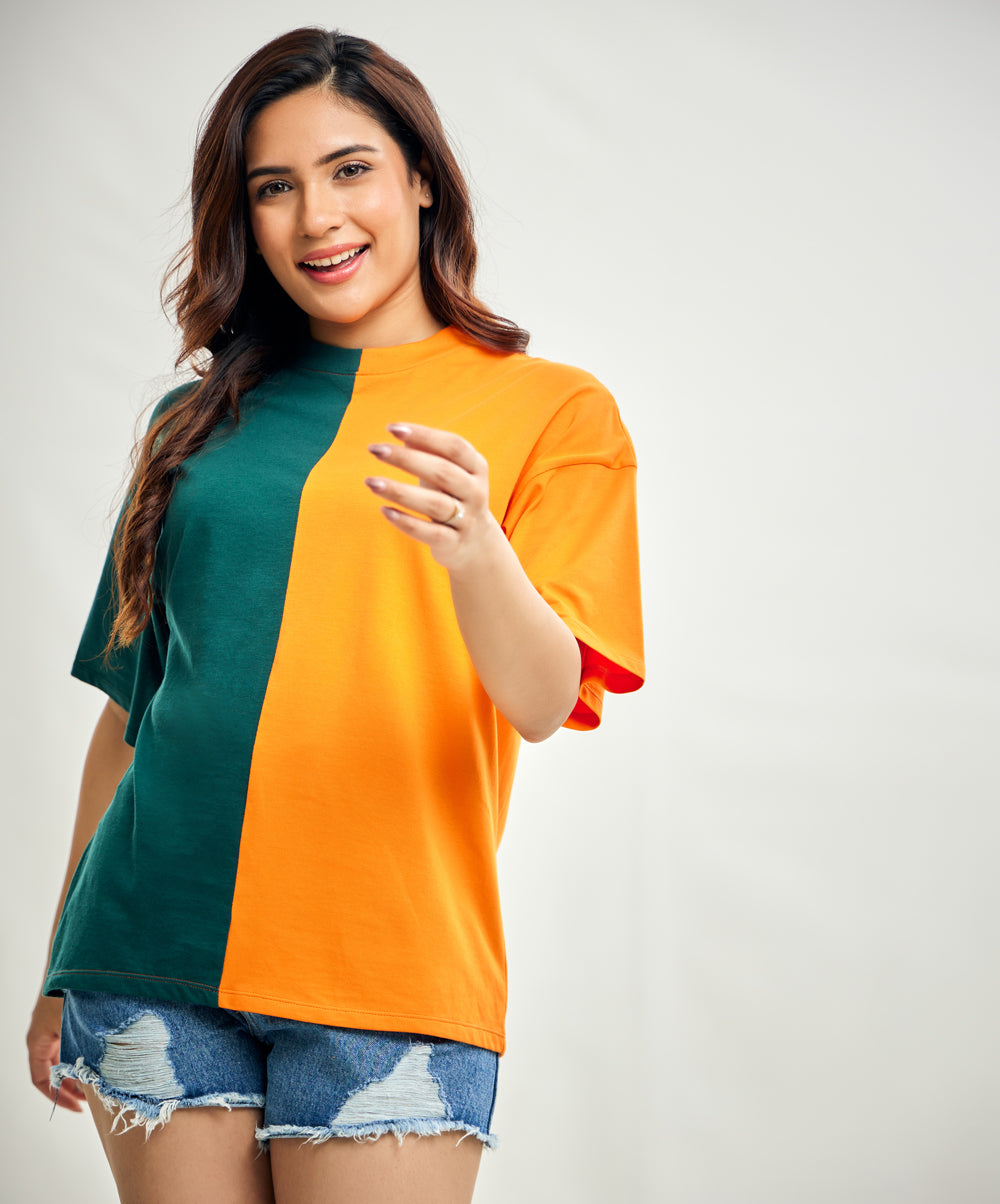 Green And Orange Contrast Oversized Tshirt