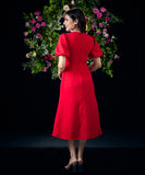 Puffed Sleeves Red Shift Dress