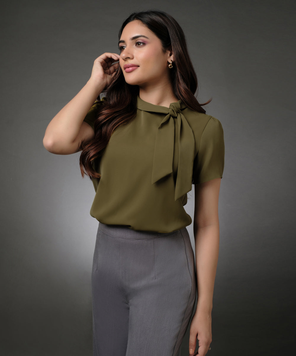 Neck Tie Short Sleeve Olive Top