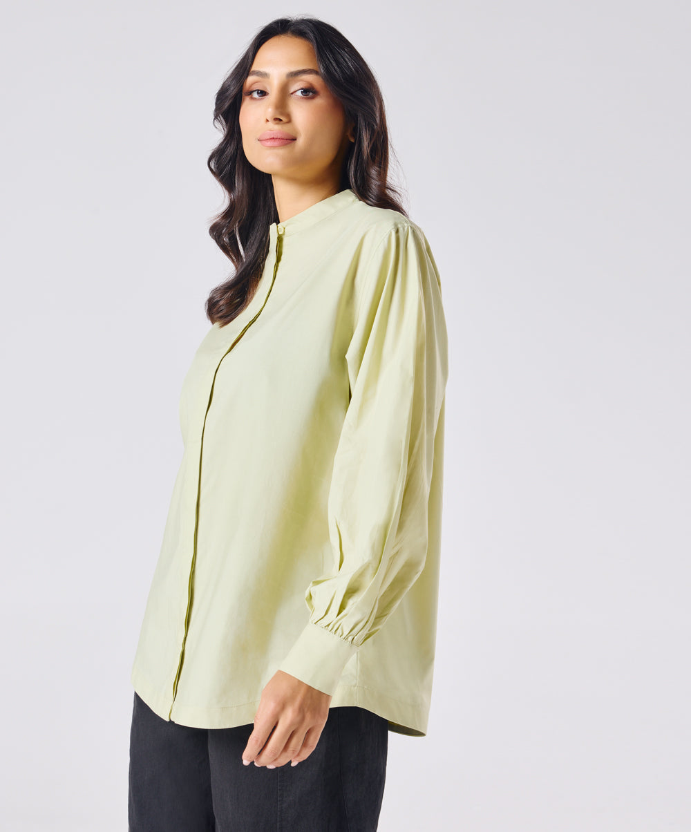 Mandarin  Collar Cotton Oversized Shirt- Cream Green