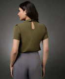 Neck Tie Short Sleeve Olive Top