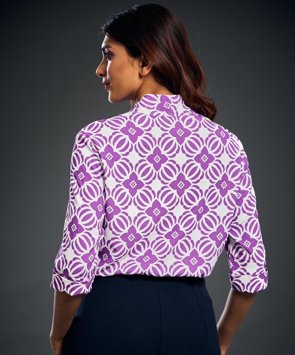 Front Tie Half Sleeve Purple Printed  Top