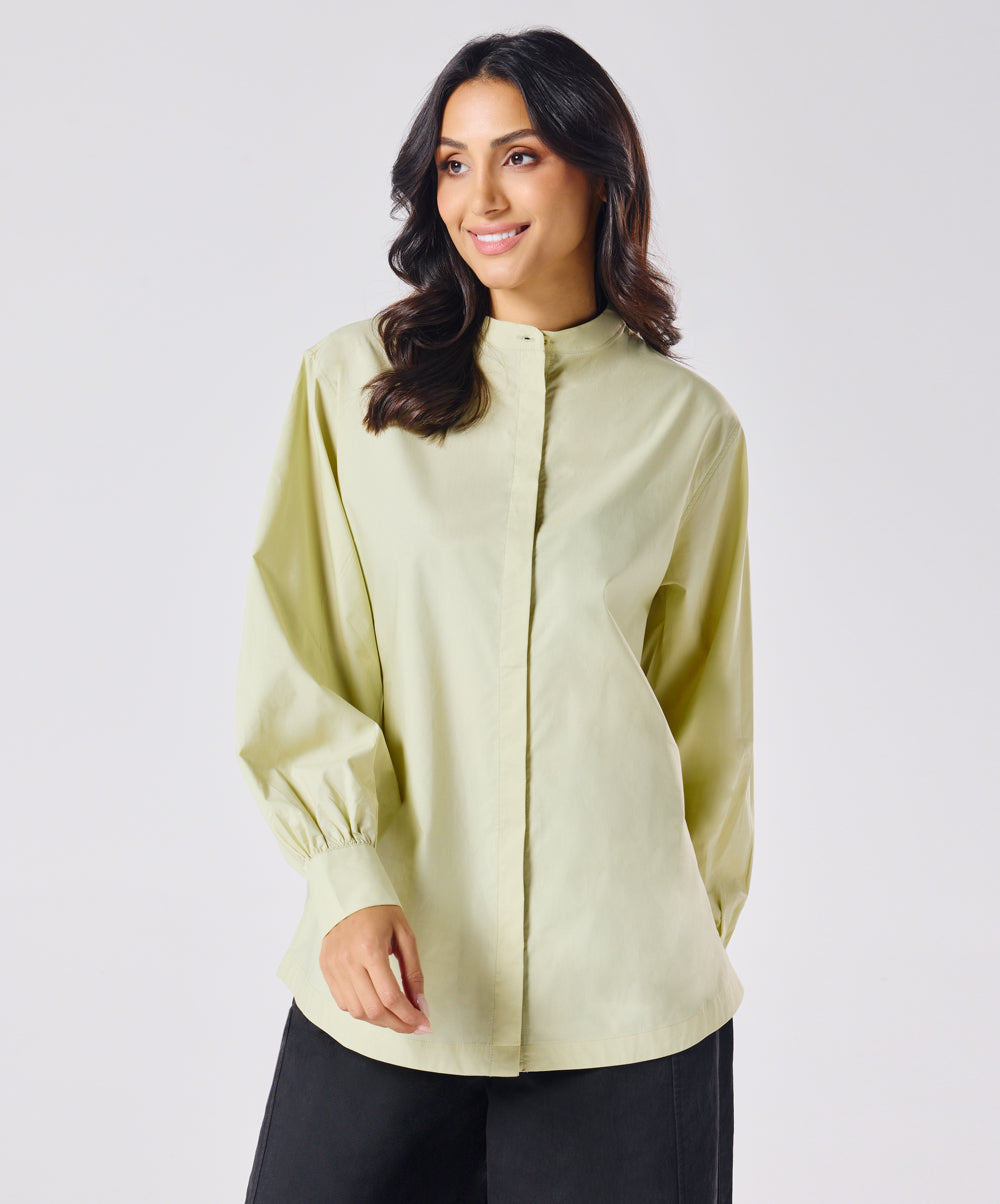 Mandarin  Collar Cotton Oversized Shirt- Cream Green