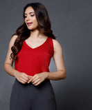 Sleeveless Vneck Satin Top-Dark Pink