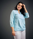 Linen Skyblue Formal Kurtha Top