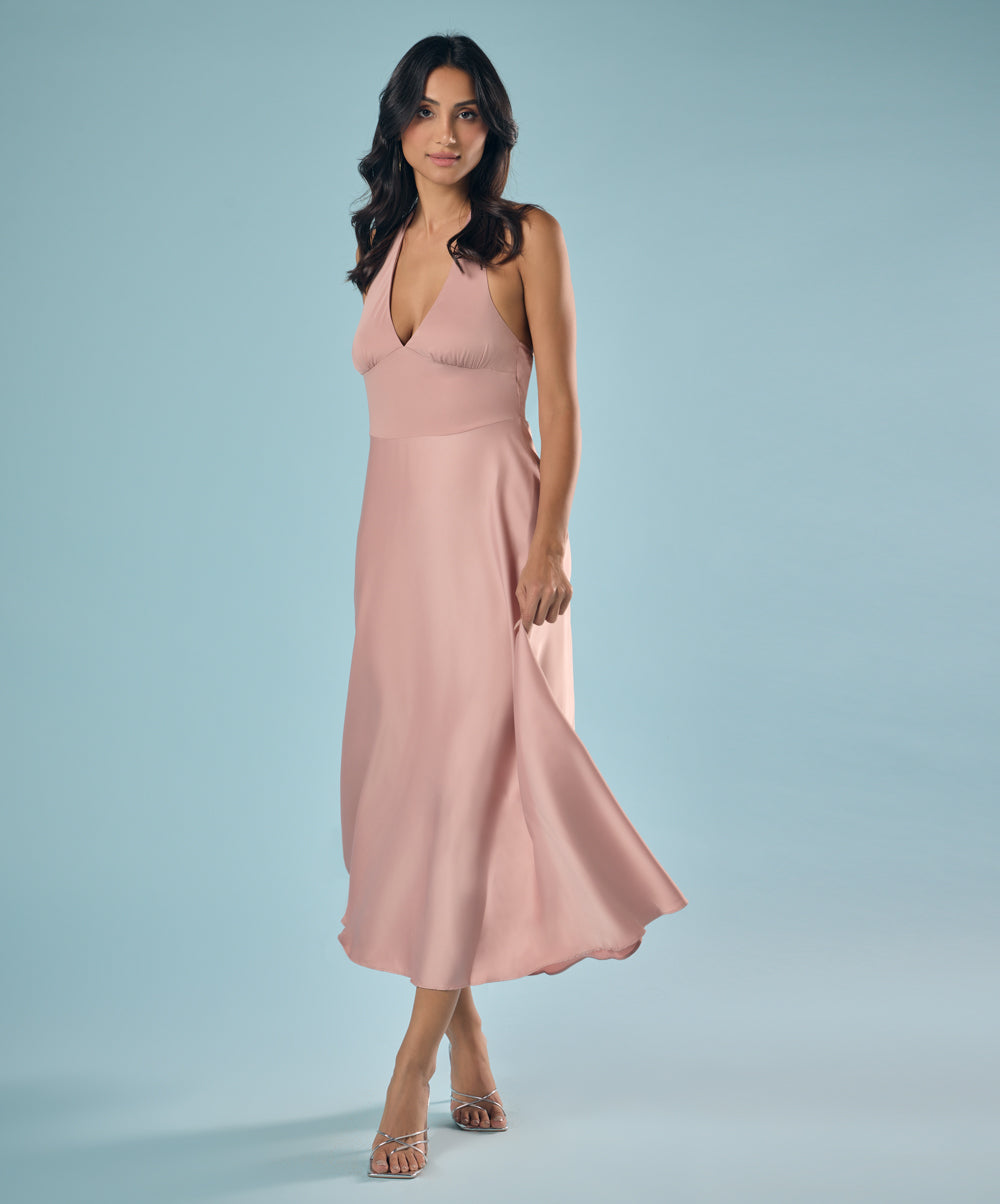 Deep Vneck Satin Solid Dress