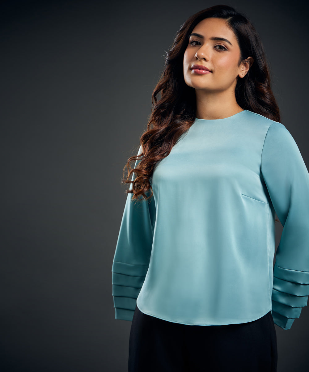 Long Sleeve Pleated Blue Satin Top