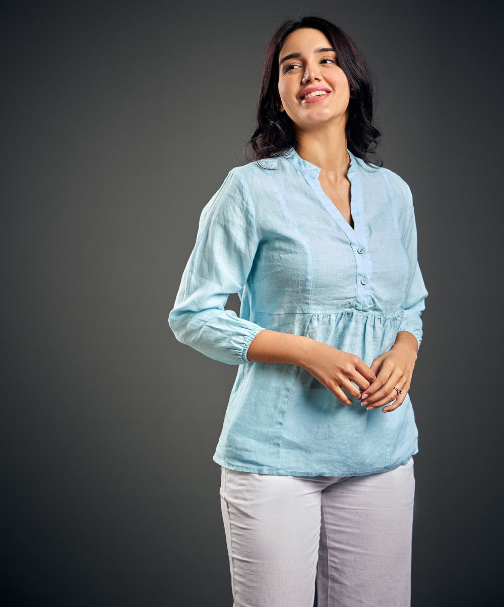 Linen Skyblue Formal Kurtha Top