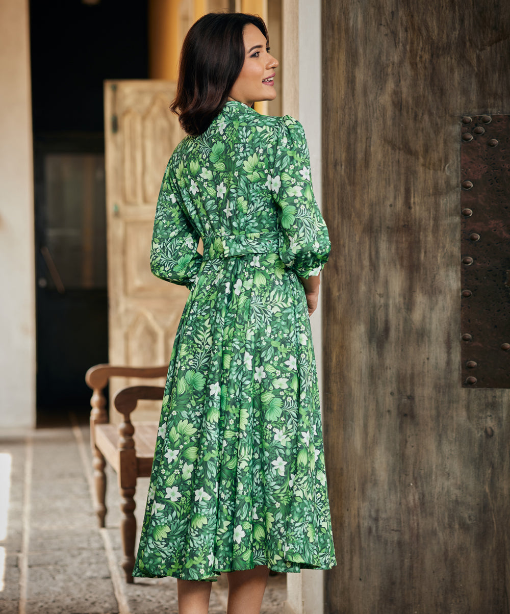 Wild Green Leave Printed Shirt Dress