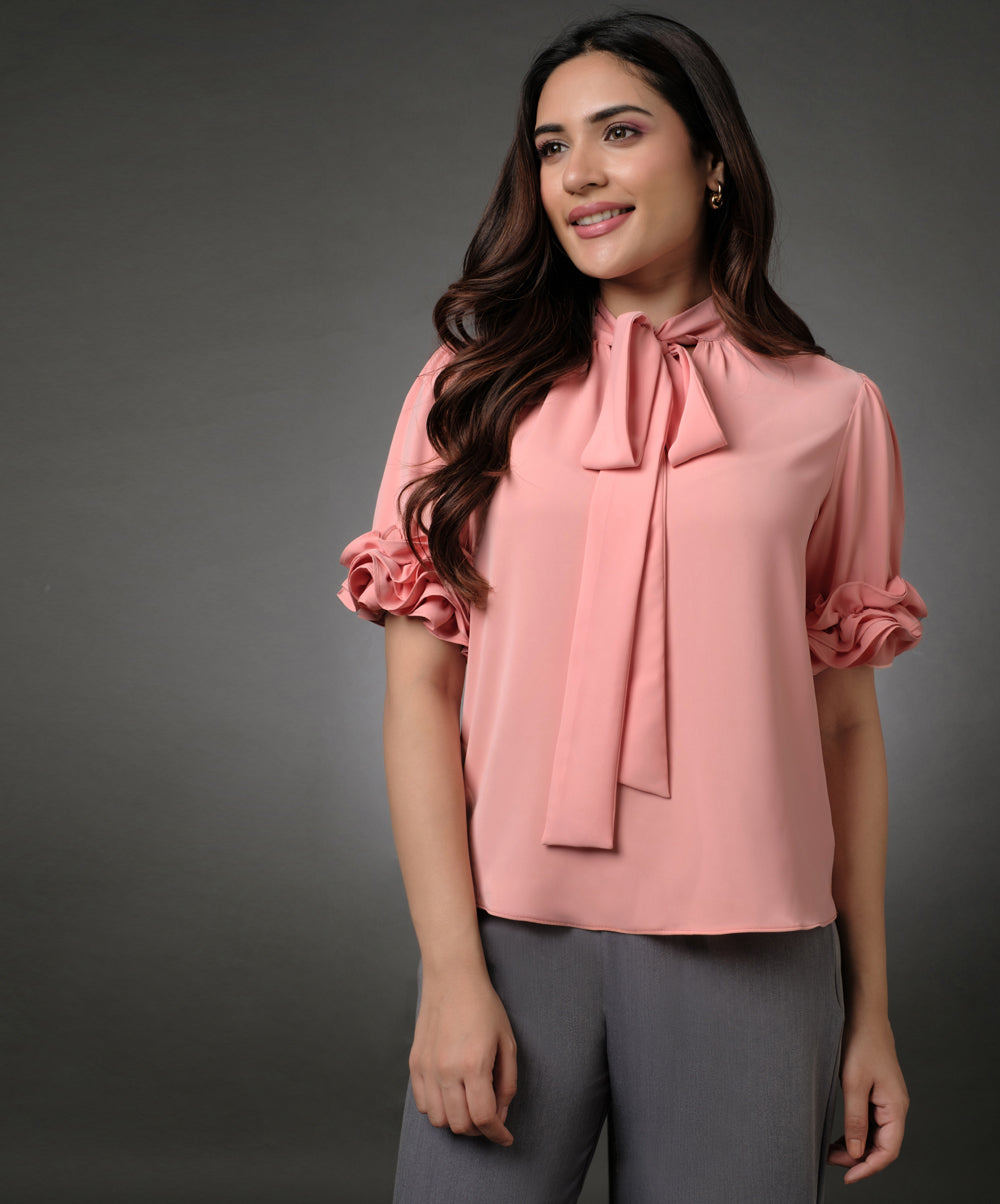 Sleeve Detailed Neck Tie Pink Top