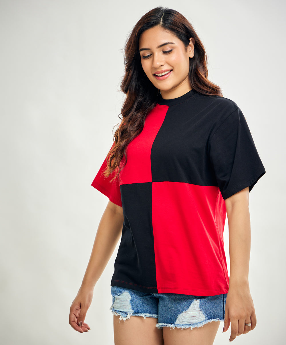 Red And Black Detailed Oversized Tshirt