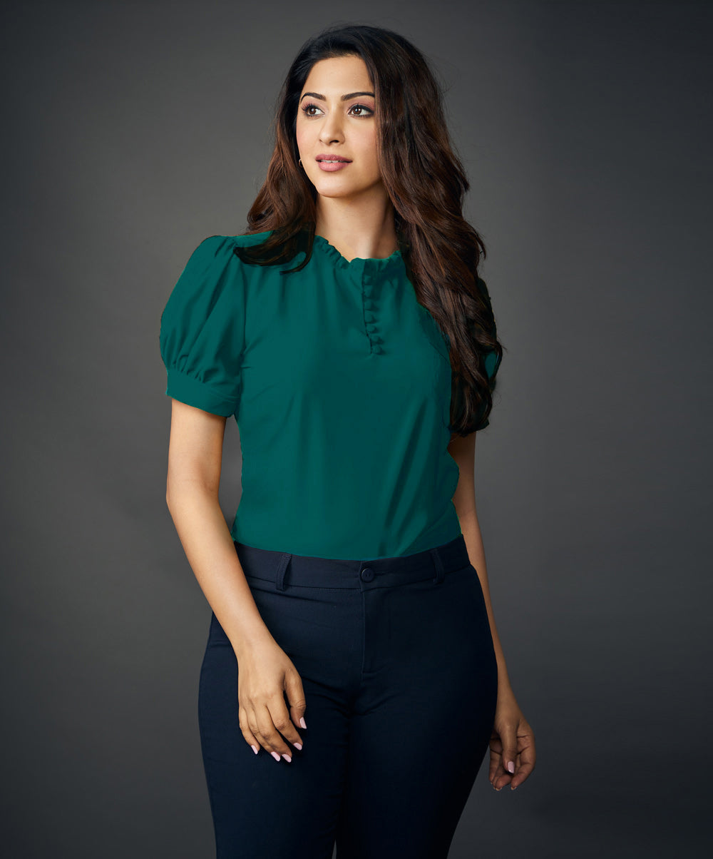 Neck Frilled Front Buttoned Green Top