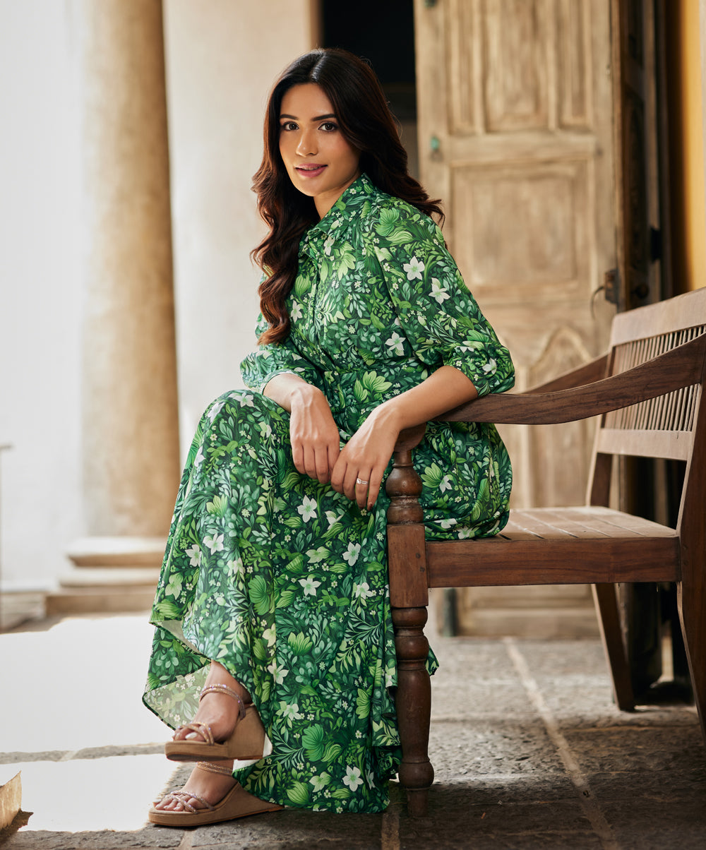 Wild Green Leave Printed Shirt Dress