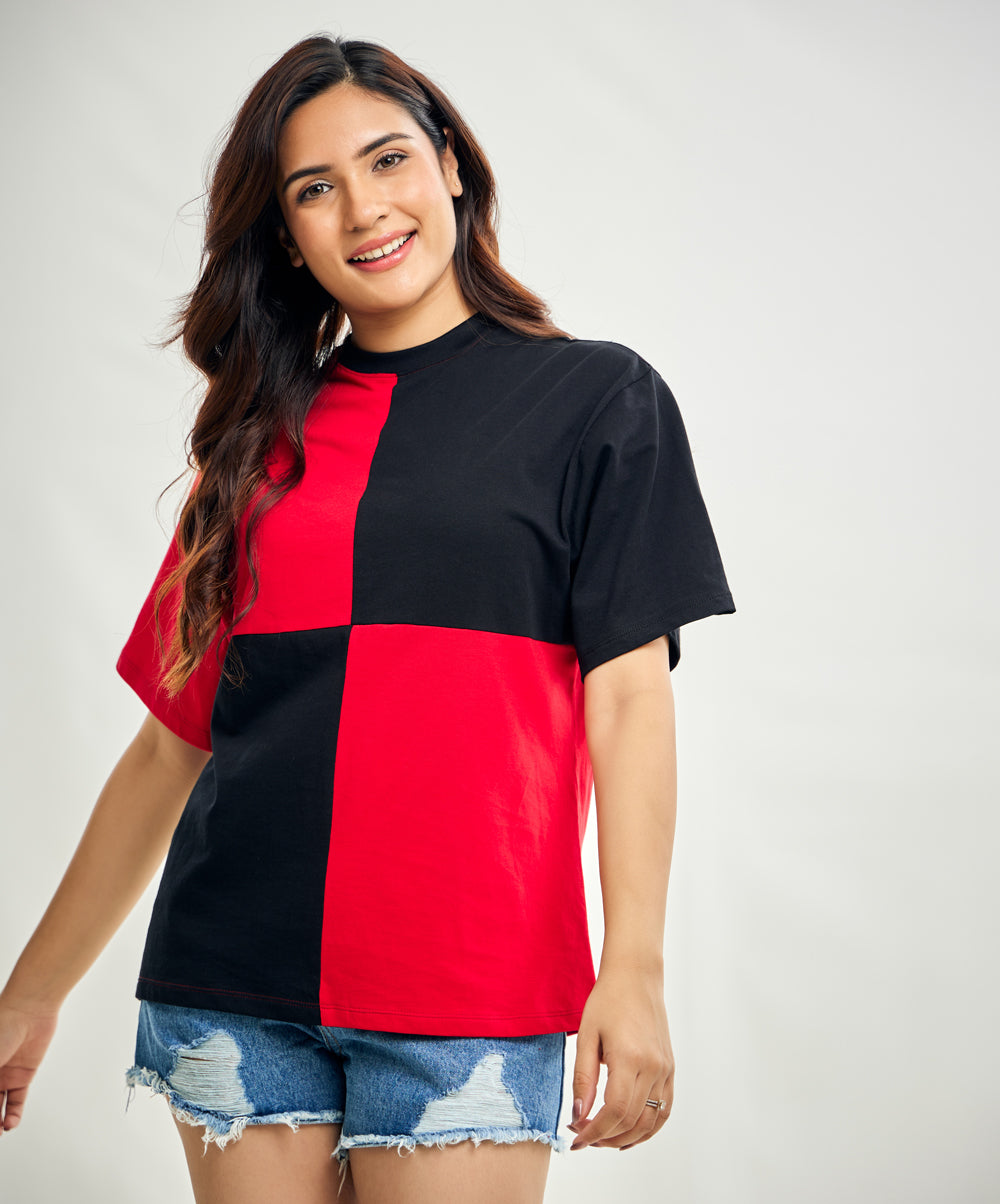 Red And Black Detailed Oversized Tshirt