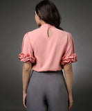 Sleeve Detailed Neck Tie Pink Top