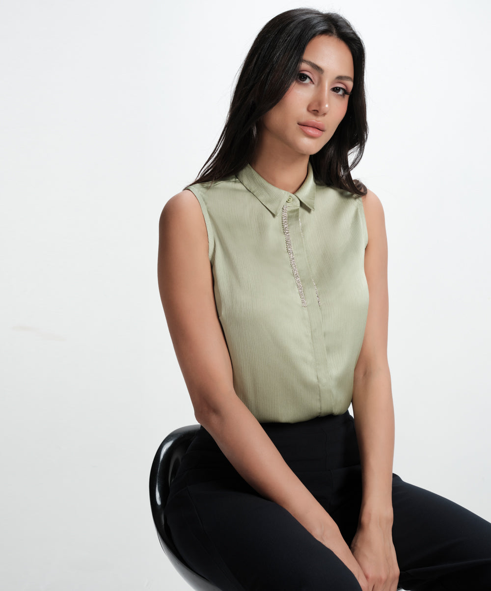 Sleeveless Embelished Elegant Formal Top-Light Green