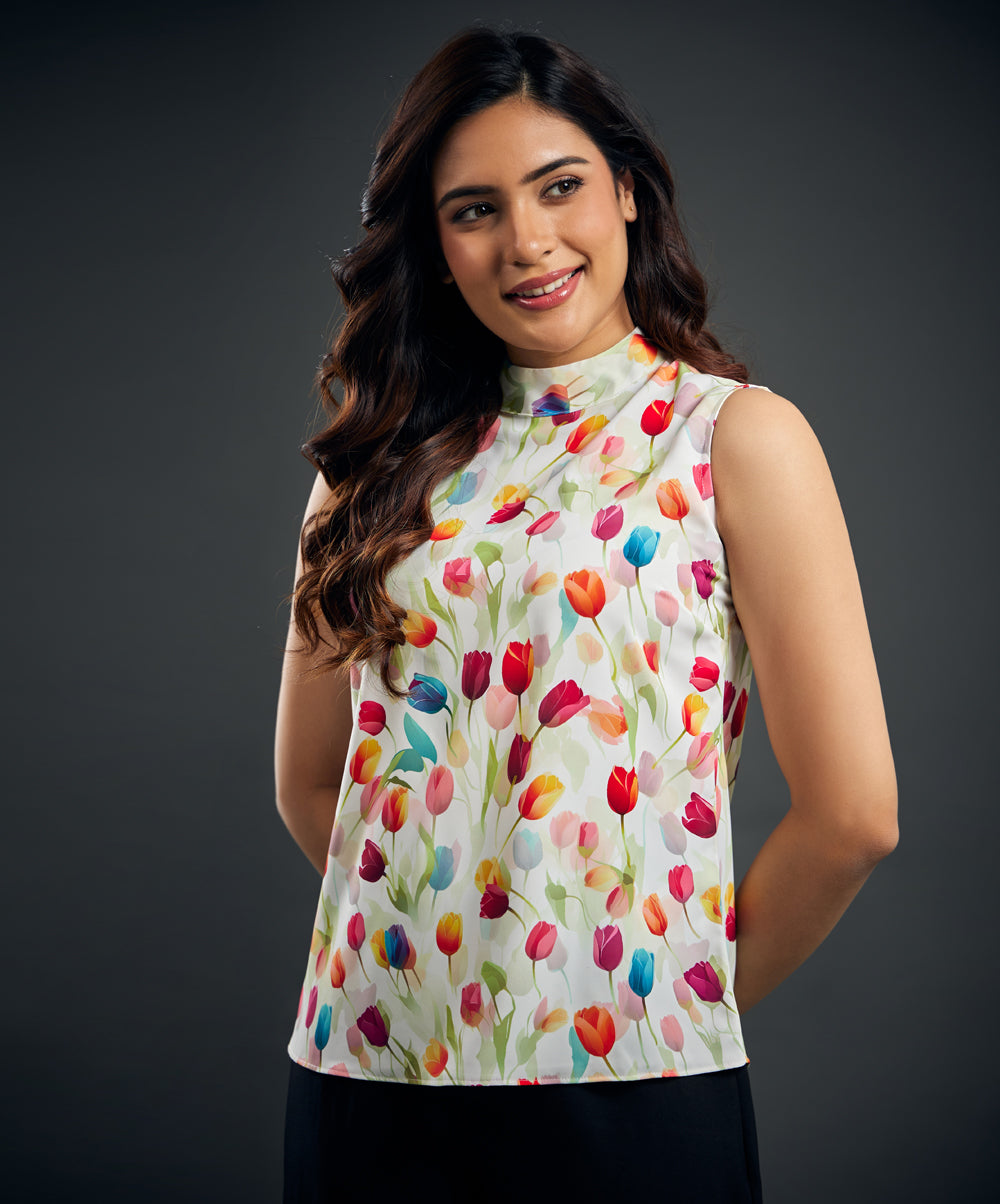 Sleeveless Tulip Printed Chiffon Top