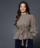 Brown Gingham Waist Tie Peplum Top