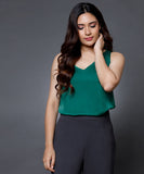 Sleeveless Vneck Satin Top-Green