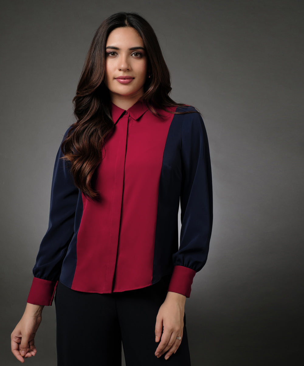 Blue And Red Contrast Paneled Shirt