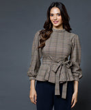 Brown Gingham Waist Tie Peplum Top