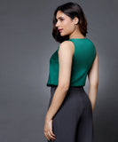 Sleeveless Vneck Satin Top-Green