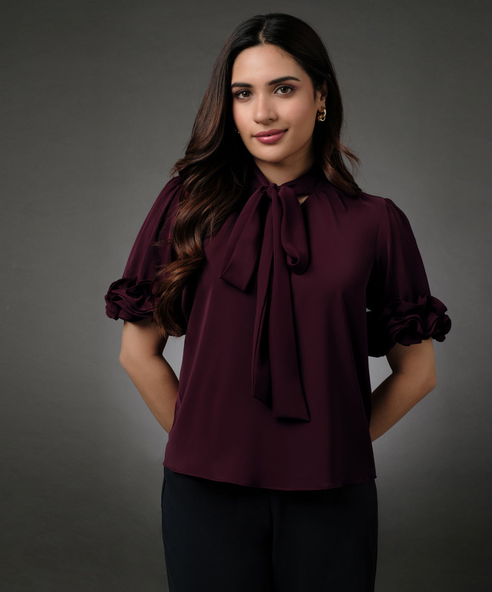 Sleeve Detailed Neck Tie Maroon Top