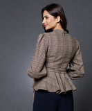 Brown Gingham Waist Tie Peplum Top