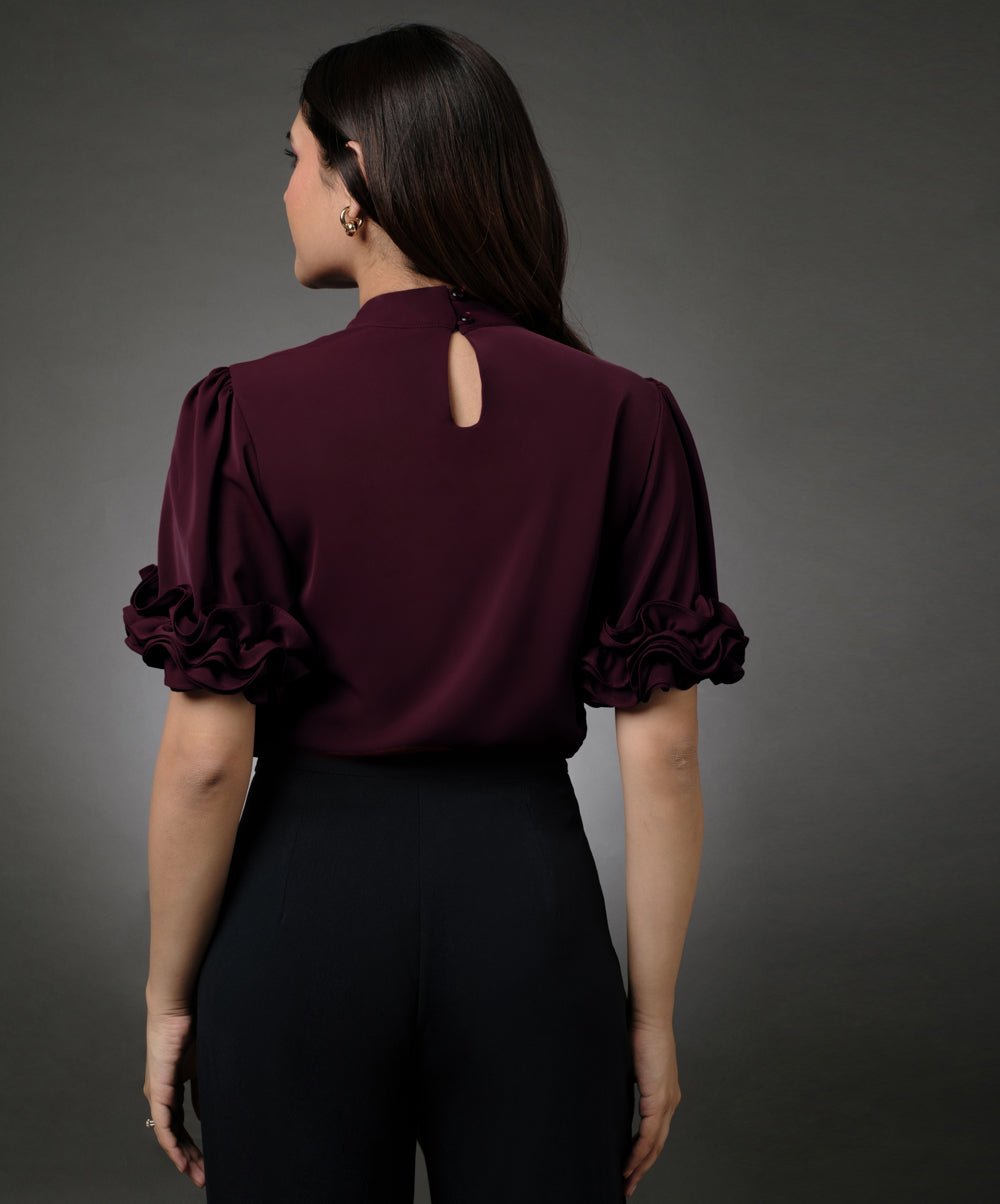 Sleeve Detailed Neck Tie Maroon Top