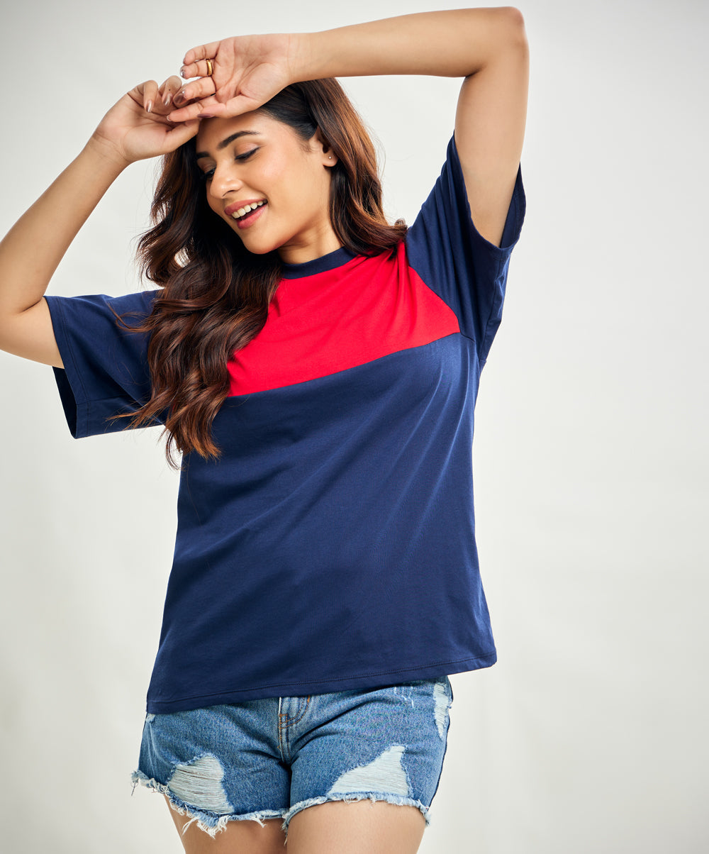 Blue And Red Detailed Oversized Tshirt