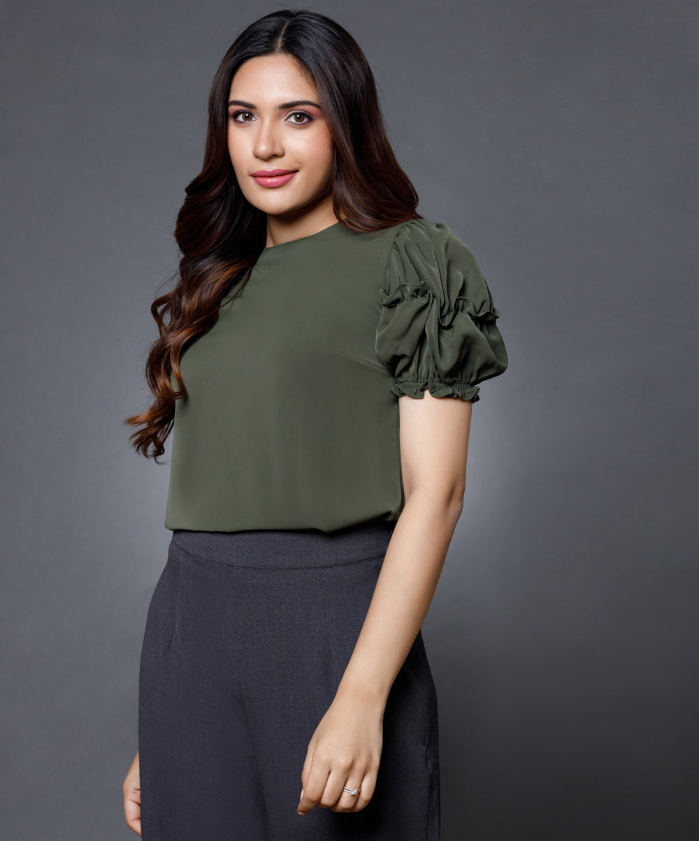 Sleeve Detailed Green Round Neck Top