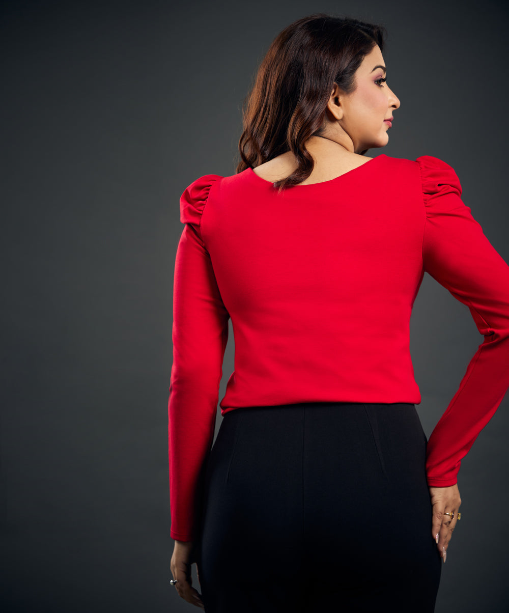 Long Puff Sleeve Red Ponte Top