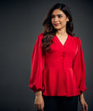 Solid Chiffon Vneck Front Slit Red Blouse