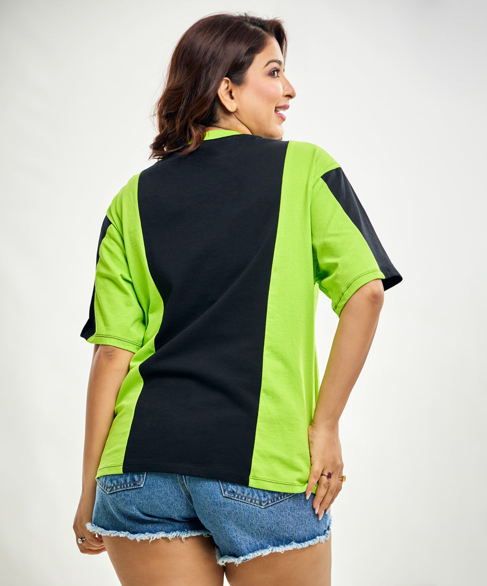 Paneled Oversized Black And Green Tshirt