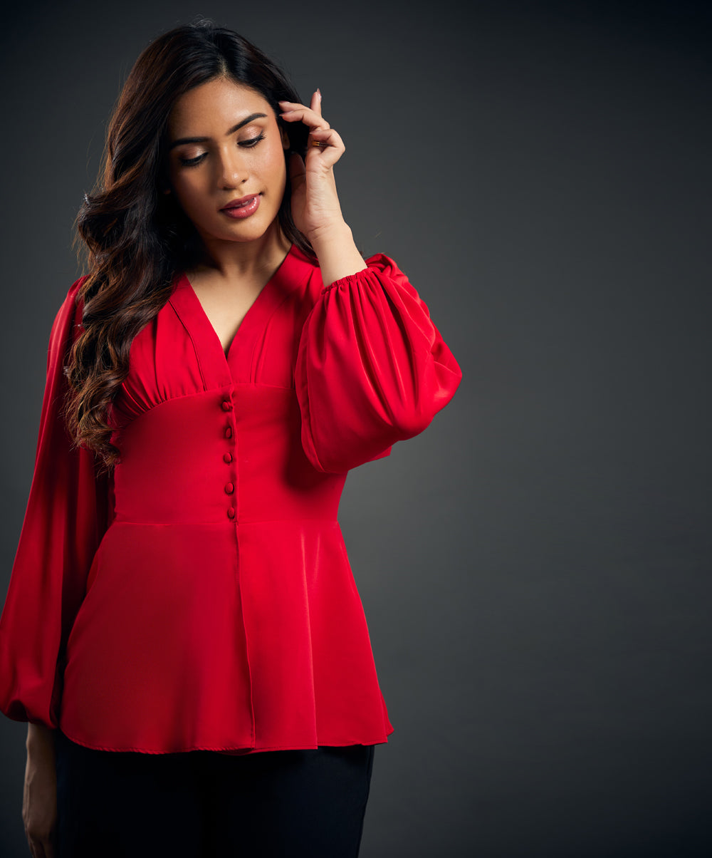 Solid Chiffon Vneck Front Slit Red Blouse