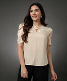 Bow Attached Sleeve Gathered Beige Satin Top