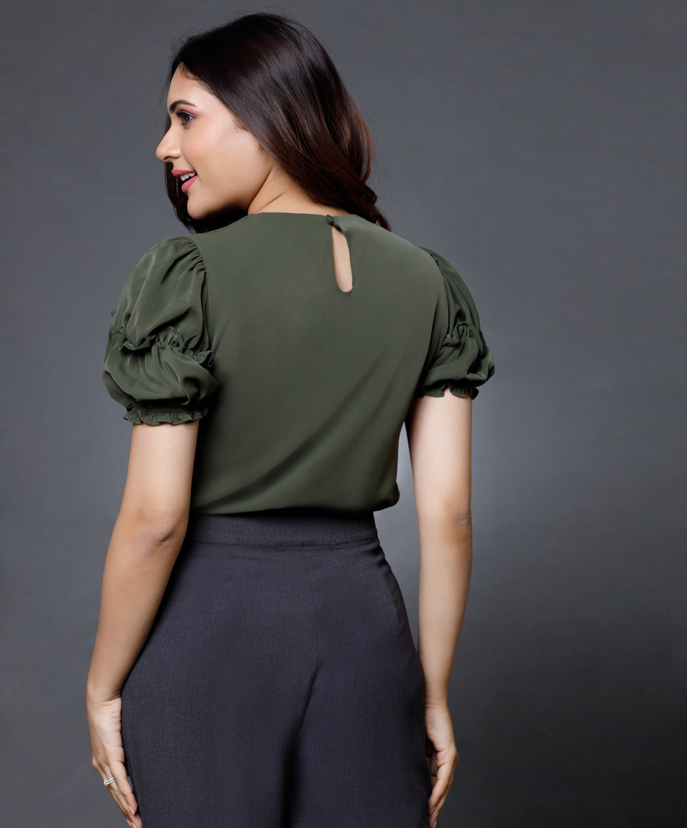 Sleeve Detailed Green Round Neck Top