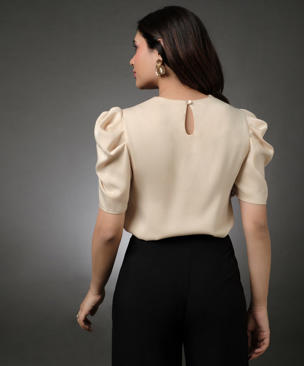 Bow Attached Sleeve Gathered Beige Satin Top