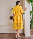 Floral Embroidered Linen Waist Gathered Dress