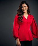 Solid Chiffon Vneck Front Slit Red Blouse