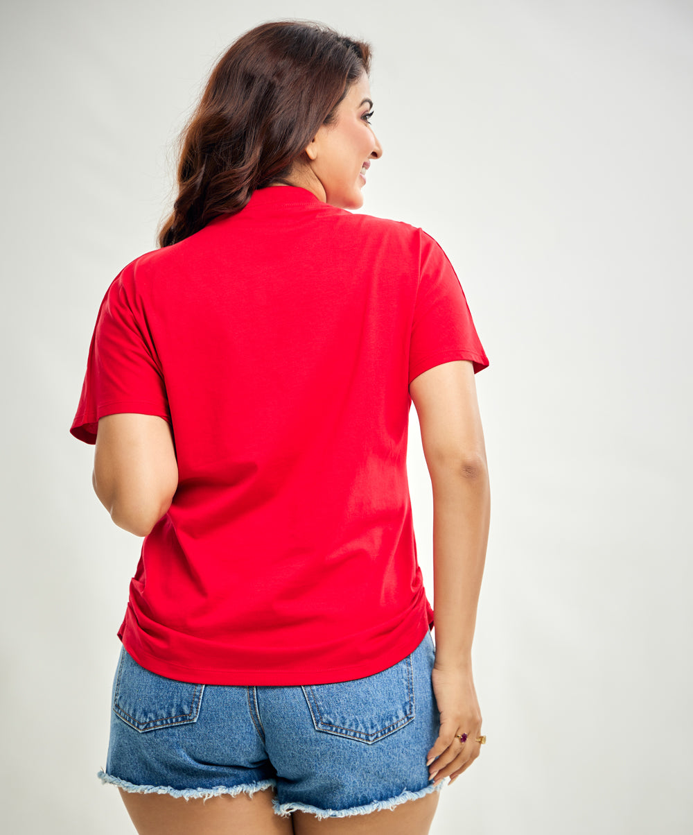 Side Gathered Crew Neck Tshirt - Red