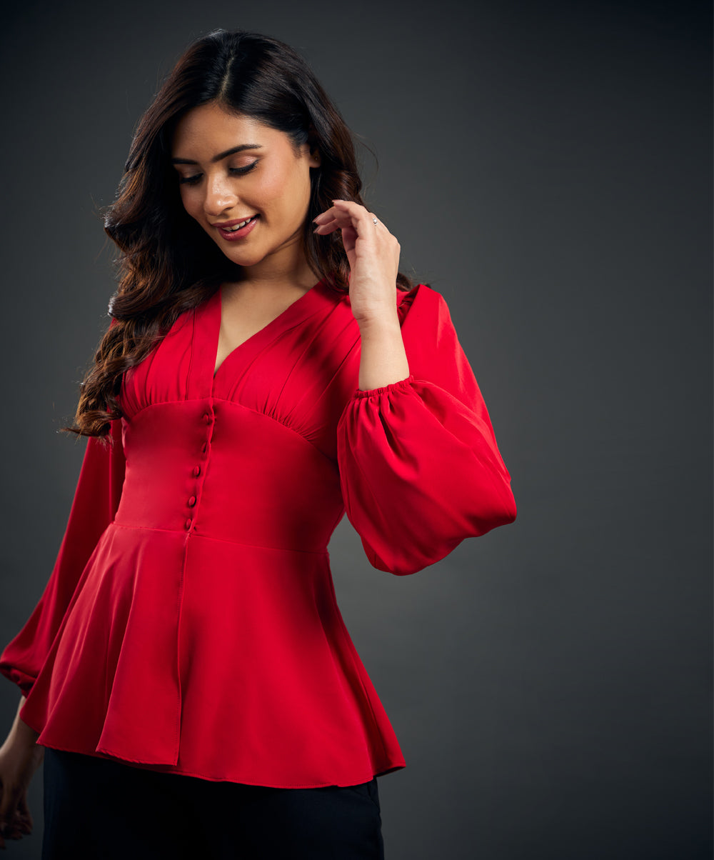 Solid Chiffon Vneck Front Slit Red Blouse